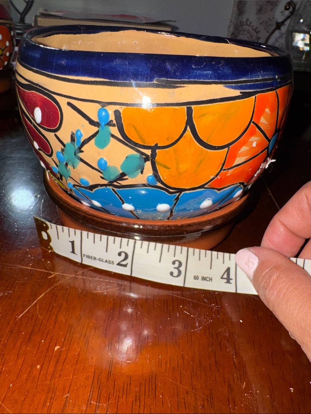 Made in Mexico Handcrafted Orange Floral Ceramic Planter Bowl with bottom tray - Picture 11 of 12